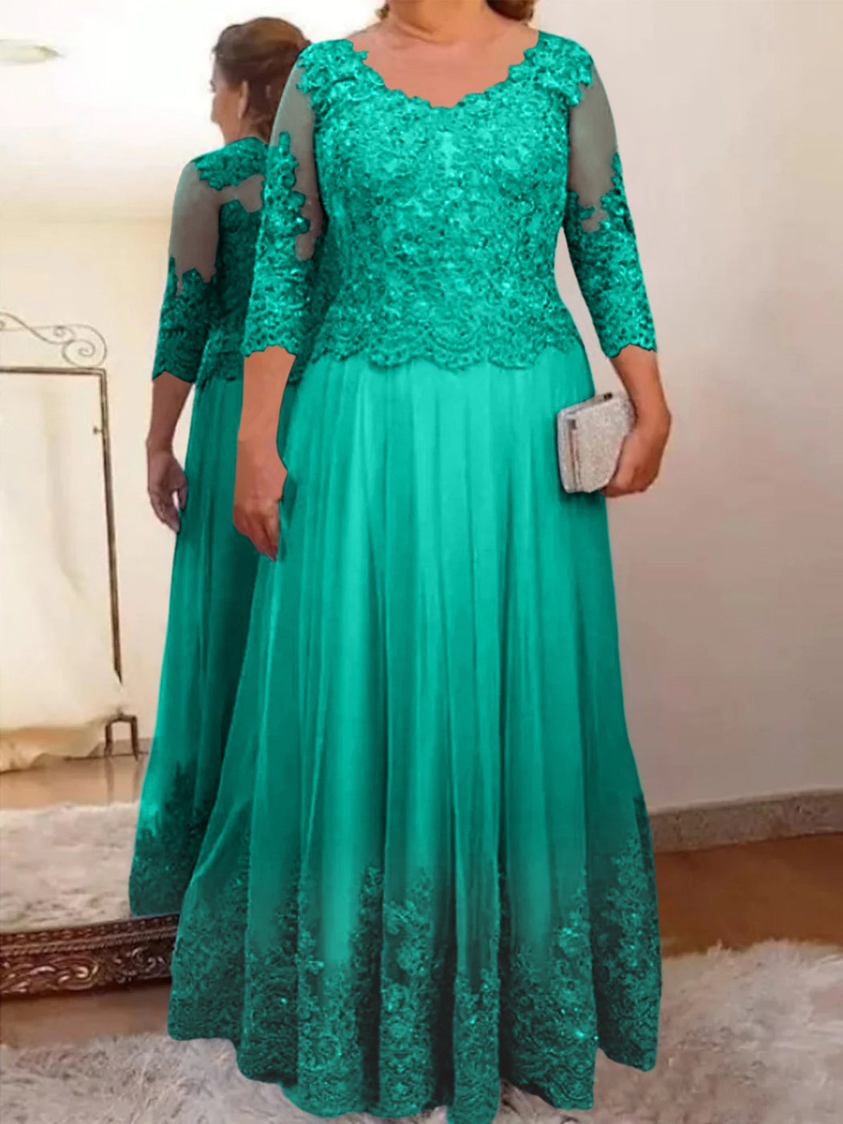 Floor Length A Line Mother Of The Bride Dress Sheer Neck Three Quarter Sleeves