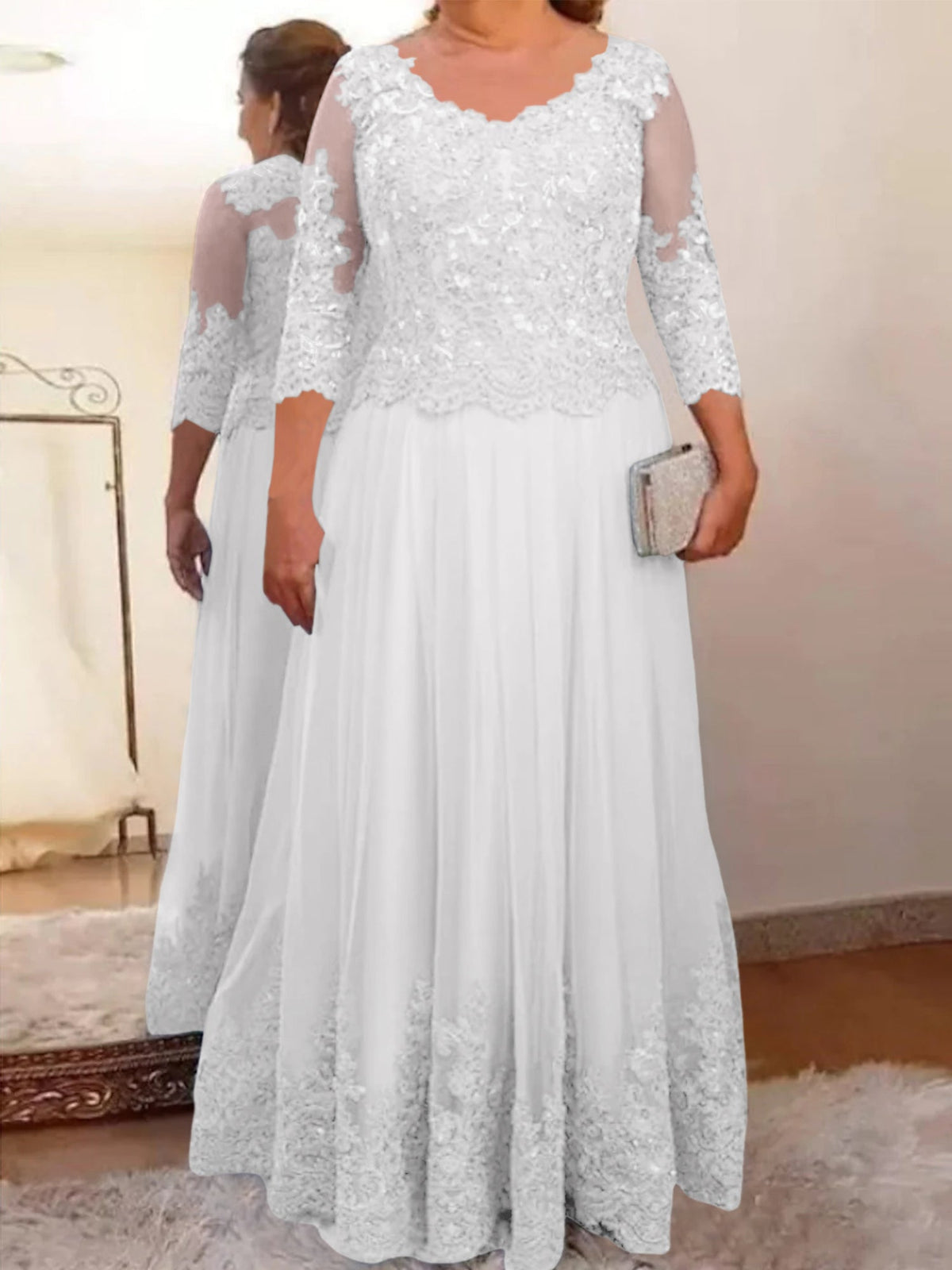 Floor Length A Line Mother Of The Bride Dress Sheer Neck Three Quarter Sleeves