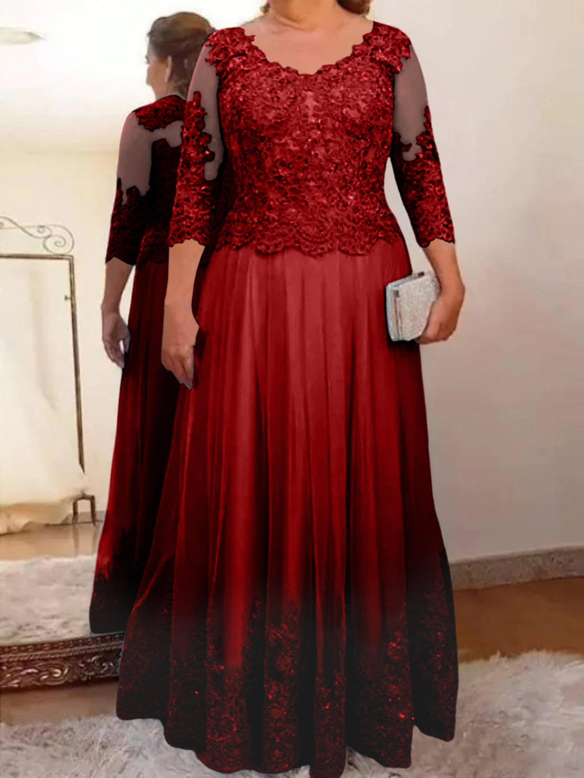 Floor Length A Line Mother Of The Bride Dress Sheer Neck Three Quarter Sleeves
