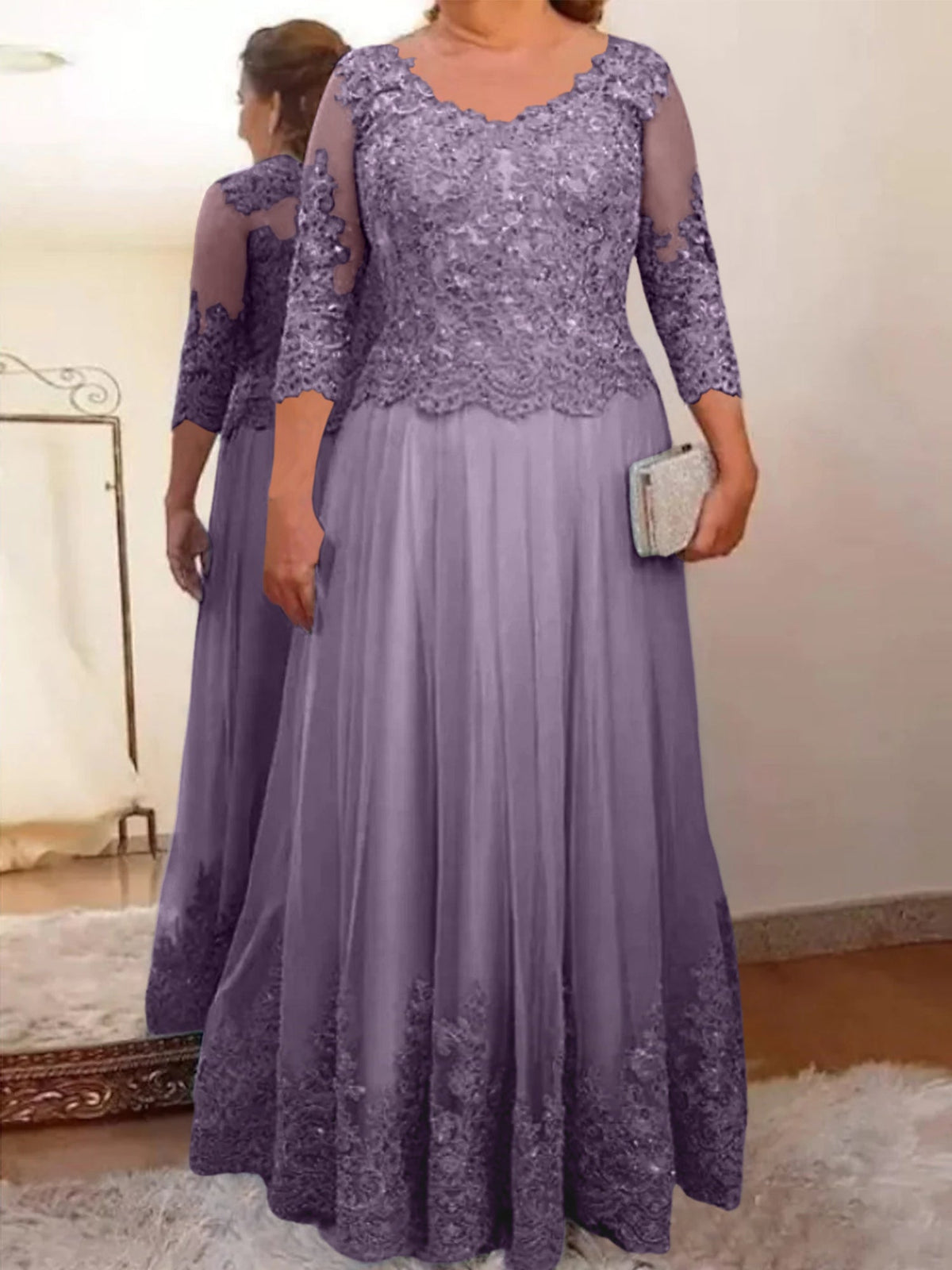 Floor Length A Line Mother Of The Bride Dress Sheer Neck Three Quarter Sleeves