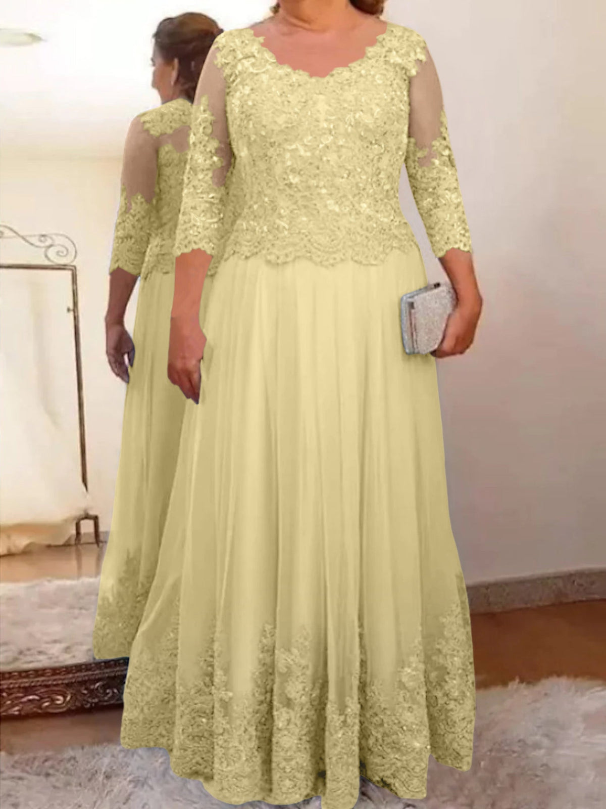 Floor Length A Line Mother Of The Bride Dress Sheer Neck Three Quarter Sleeves