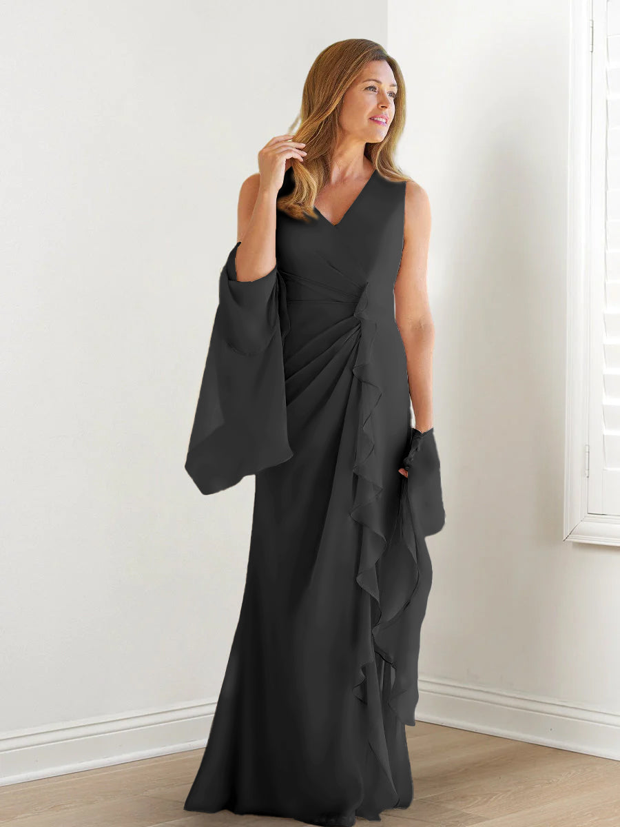 Elegant Sleeveless V Neck Floor Length Mother Of The Bride Gown With Ruffles