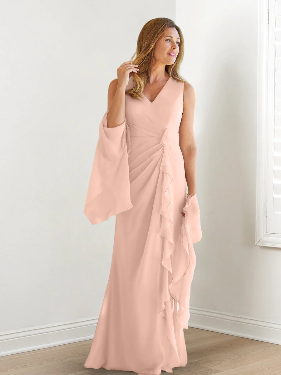 Elegant Sleeveless V Neck Floor Length Mother Of The Bride Gown With Ruffles