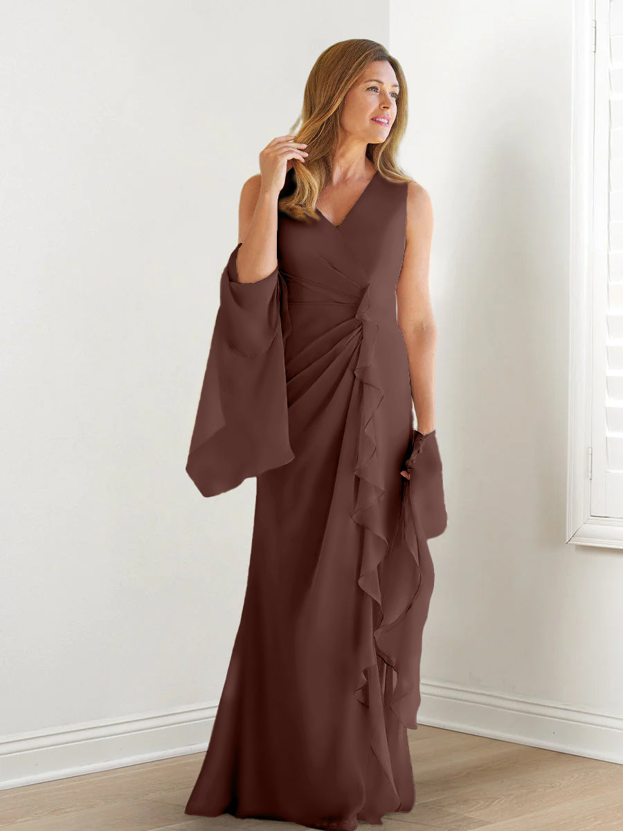Elegant Sleeveless V Neck Floor Length Mother Of The Bride Gown With Ruffles