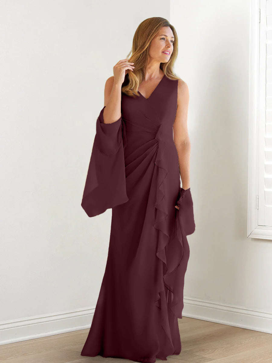 Elegant Sleeveless V Neck Floor Length Mother Of The Bride Gown With Ruffles