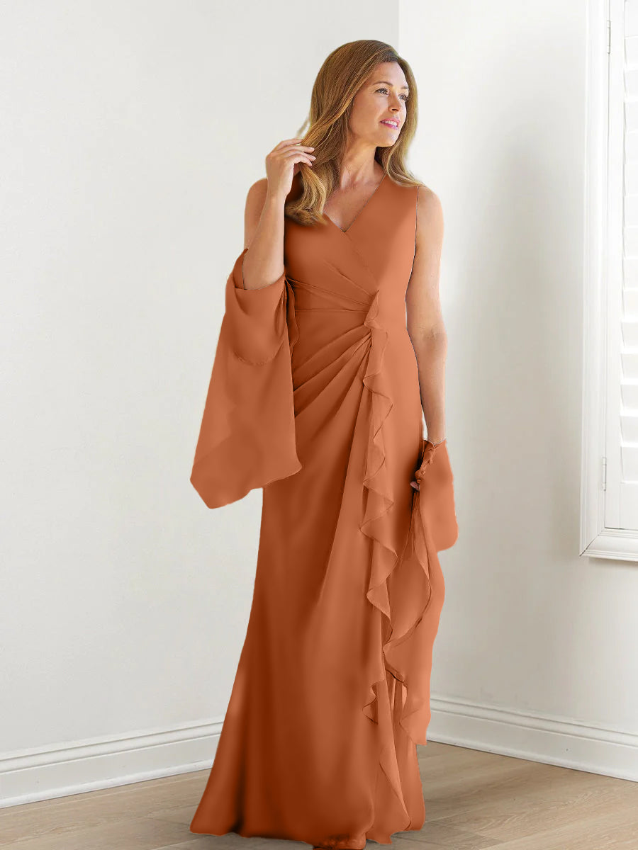 Elegant Sleeveless V Neck Floor Length Mother Of The Bride Gown With Ruffles
