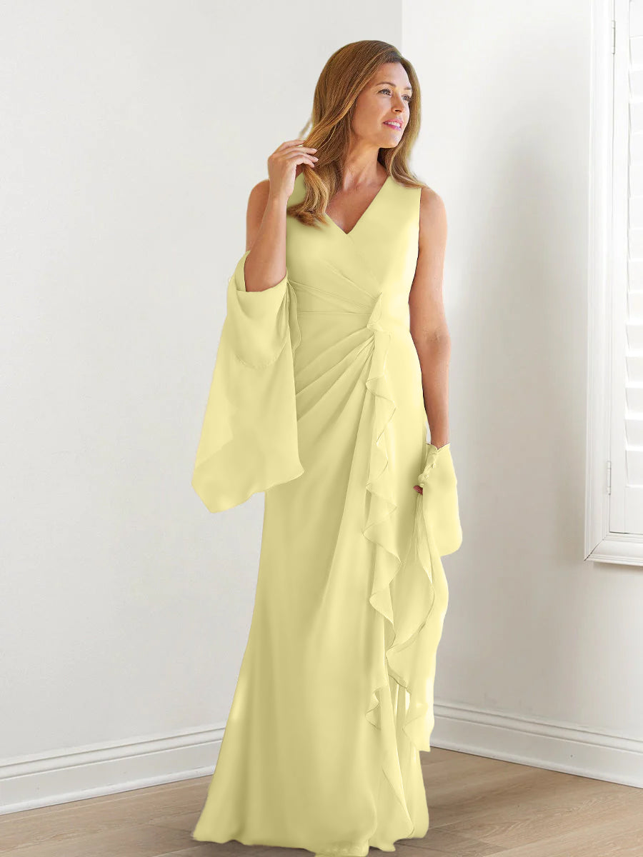 Elegant Sleeveless V Neck Floor Length Mother Of The Bride Gown With Ruffles