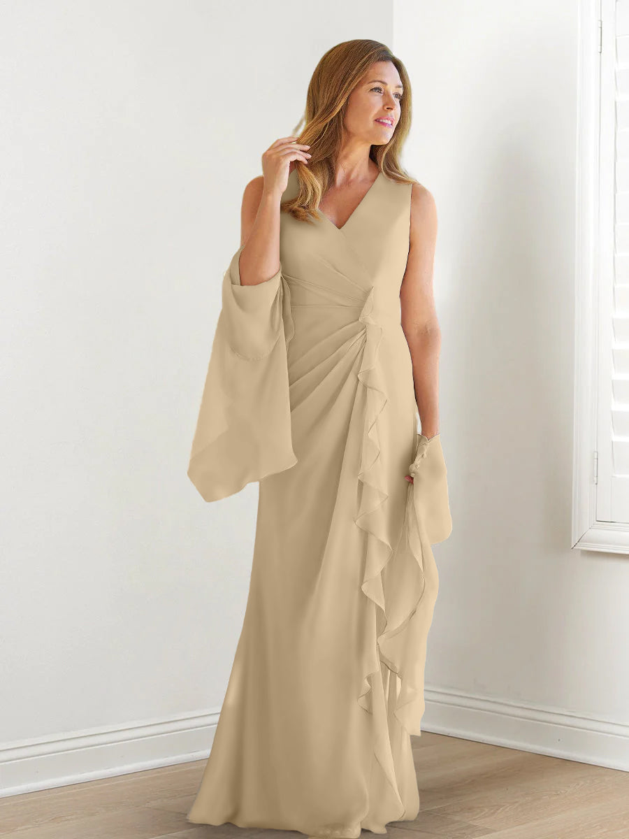 Elegant Sleeveless V Neck Floor Length Mother Of The Bride Gown With Ruffles