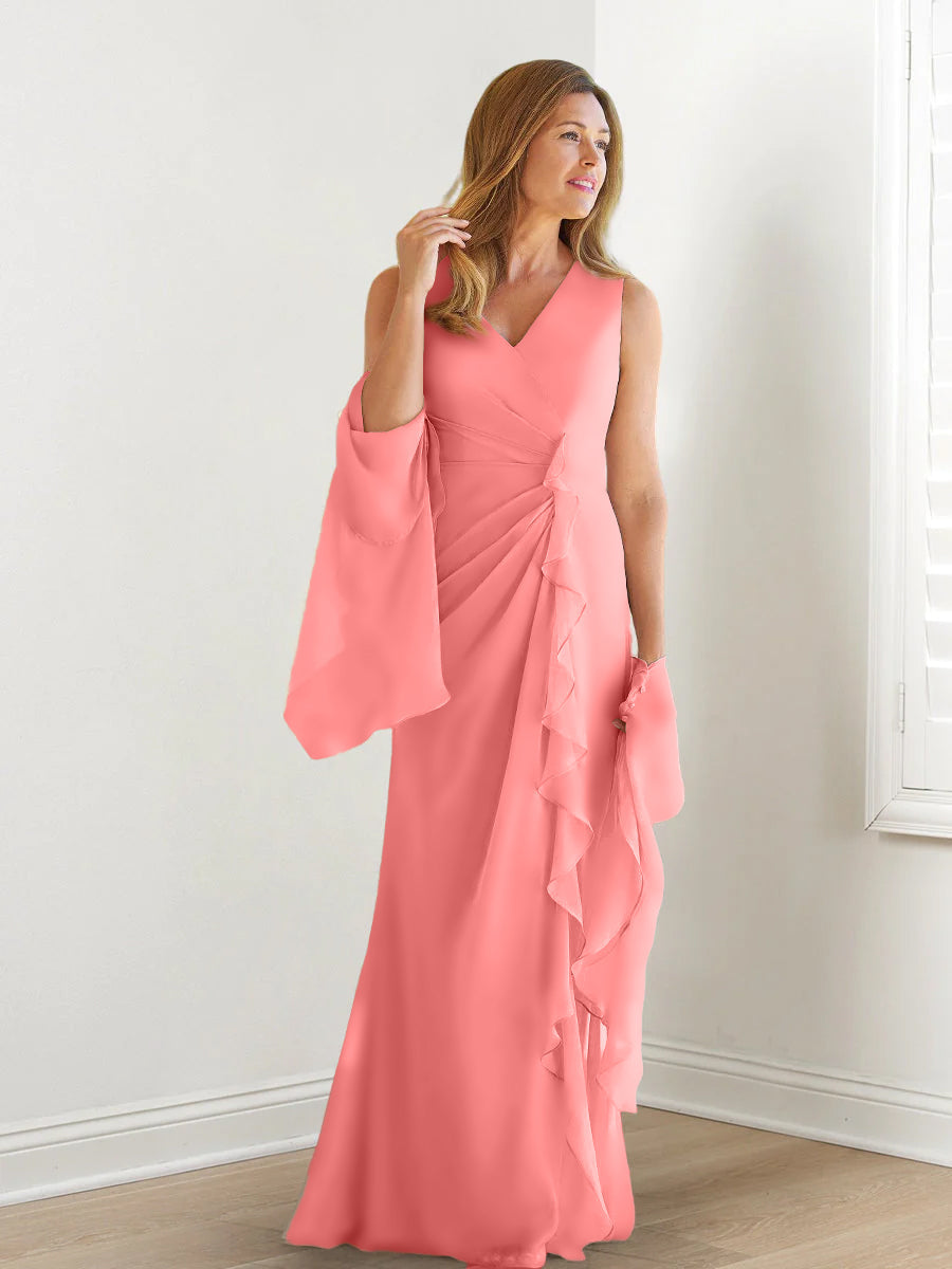 Elegant Sleeveless V Neck Floor Length Mother Of The Bride Gown With Ruffles