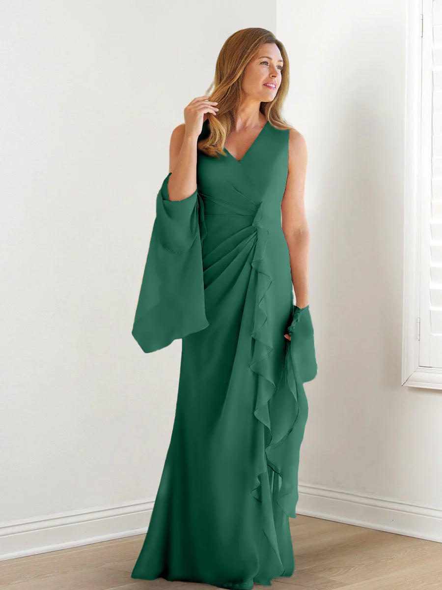 Elegant Sleeveless V Neck Floor Length Mother Of The Bride Gown With Ruffles