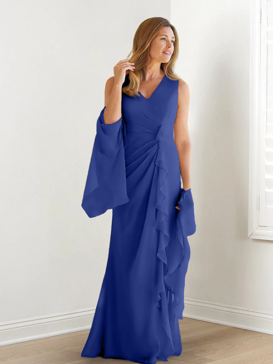 Elegant Sleeveless V Neck Floor Length Mother Of The Bride Gown With Ruffles