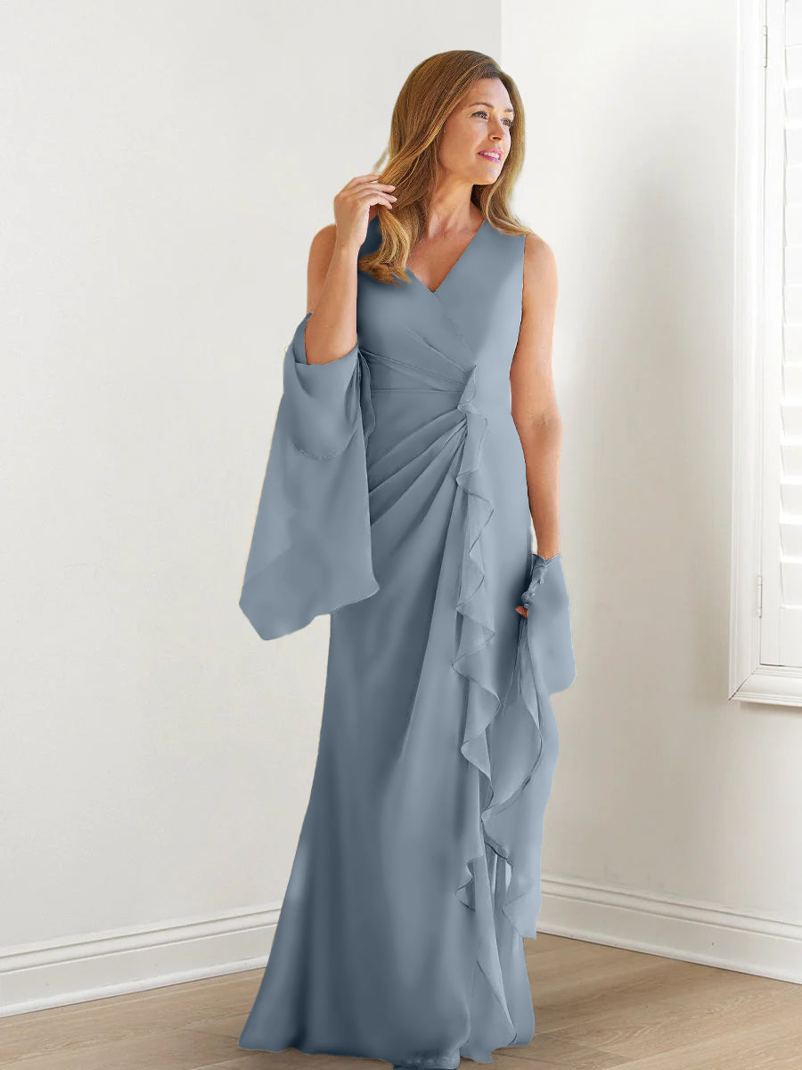 Elegant Sleeveless V Neck Floor Length Mother Of The Bride Gown With Ruffles