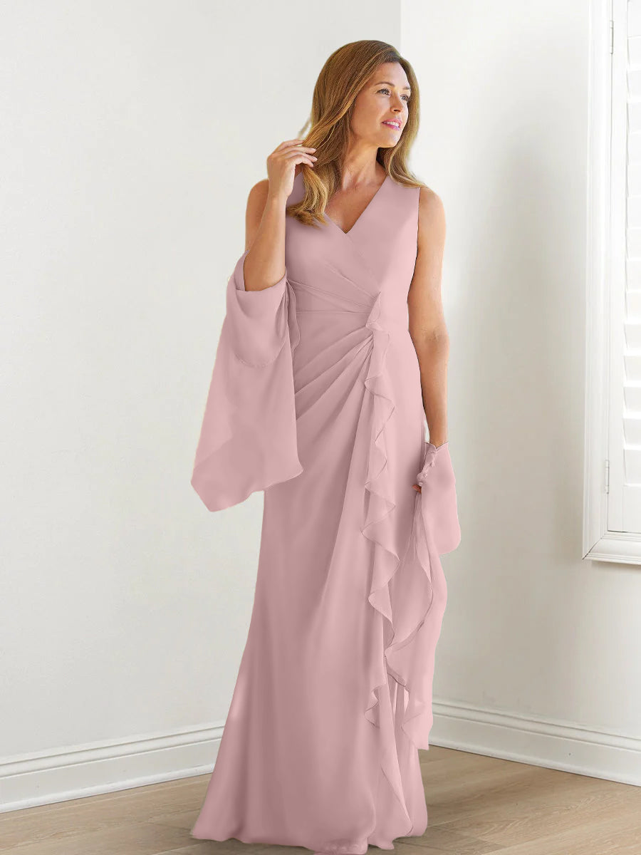 Elegant Sleeveless V Neck Floor Length Mother Of The Bride Gown With Ruffles