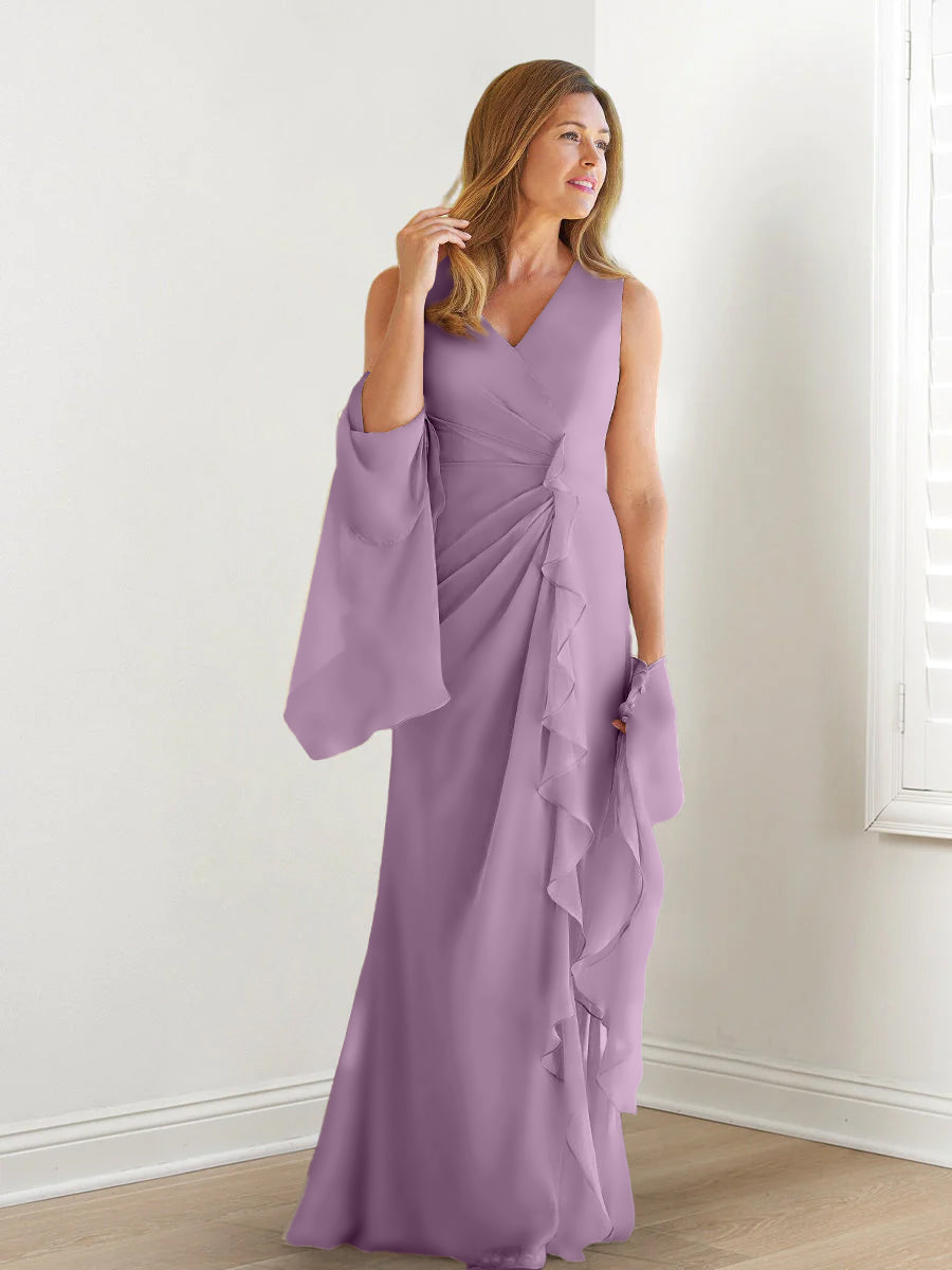 Elegant Sleeveless V Neck Floor Length Mother Of The Bride Gown With Ruffles