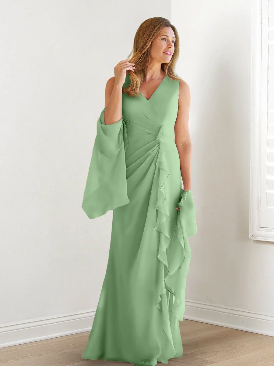 Elegant Sleeveless V Neck Floor Length Mother Of The Bride Gown With Ruffles