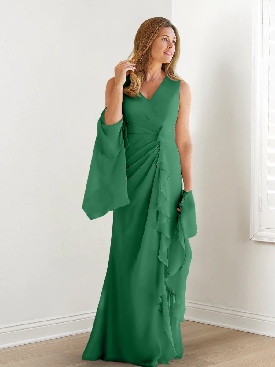 Elegant Sleeveless V Neck Floor Length Mother Of The Bride Gown With Ruffles