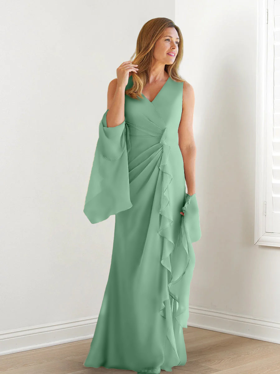 Elegant Sleeveless V Neck Floor Length Mother Of The Bride Gown With Ruffles