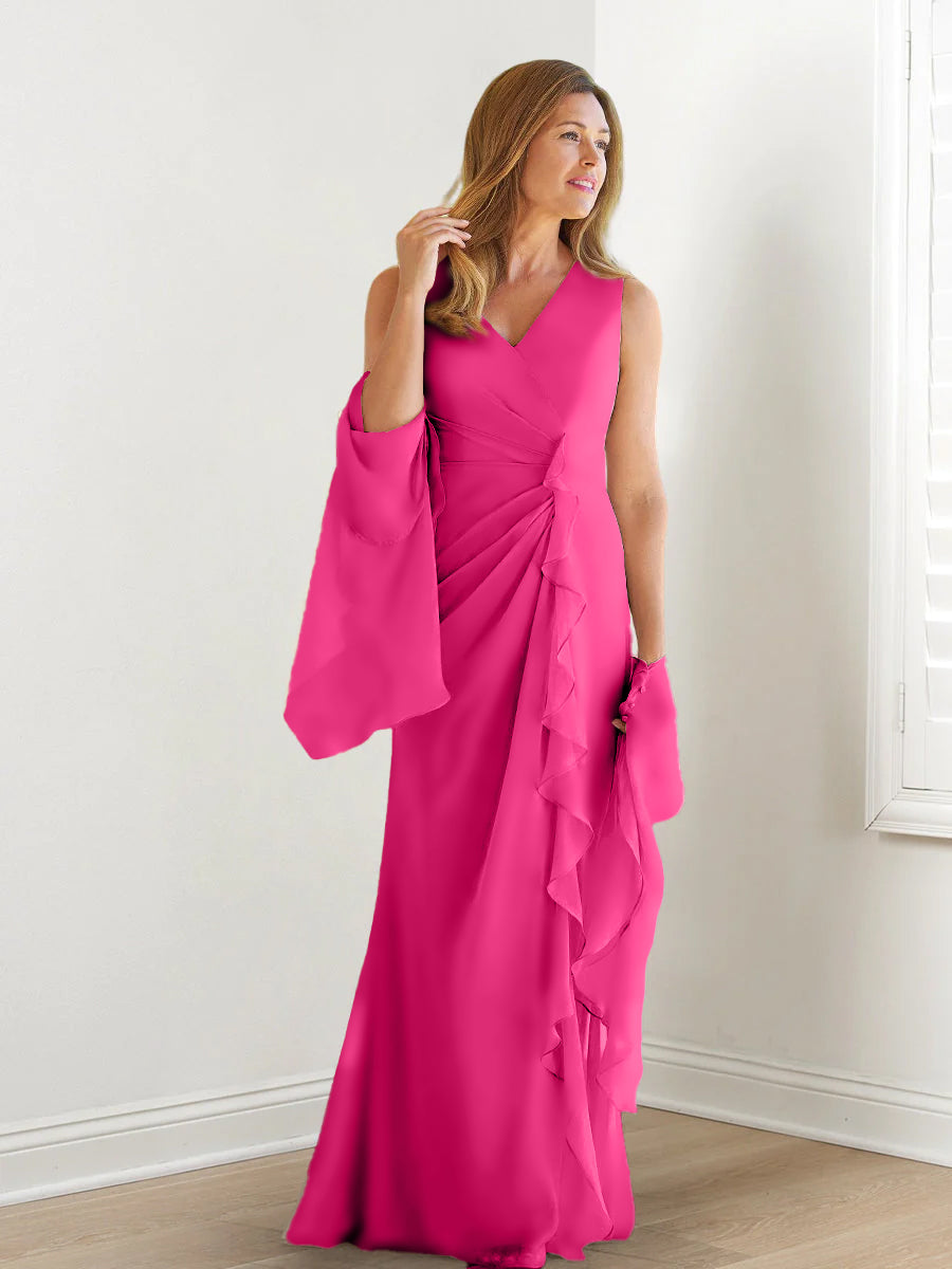 Elegant Sleeveless V Neck Floor Length Mother Of The Bride Gown With Ruffles