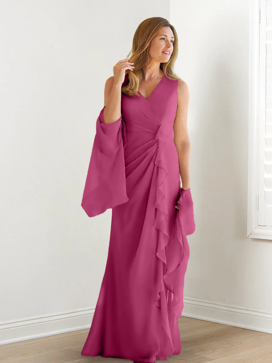 Elegant Sleeveless V Neck Floor Length Mother Of The Bride Gown With Ruffles
