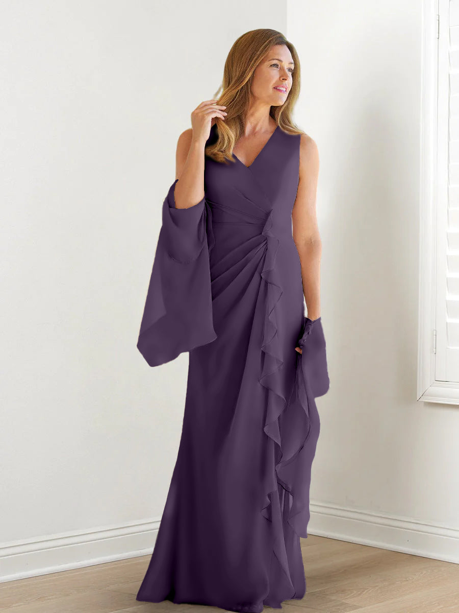 Elegant Sleeveless V Neck Floor Length Mother Of The Bride Gown With Ruffles