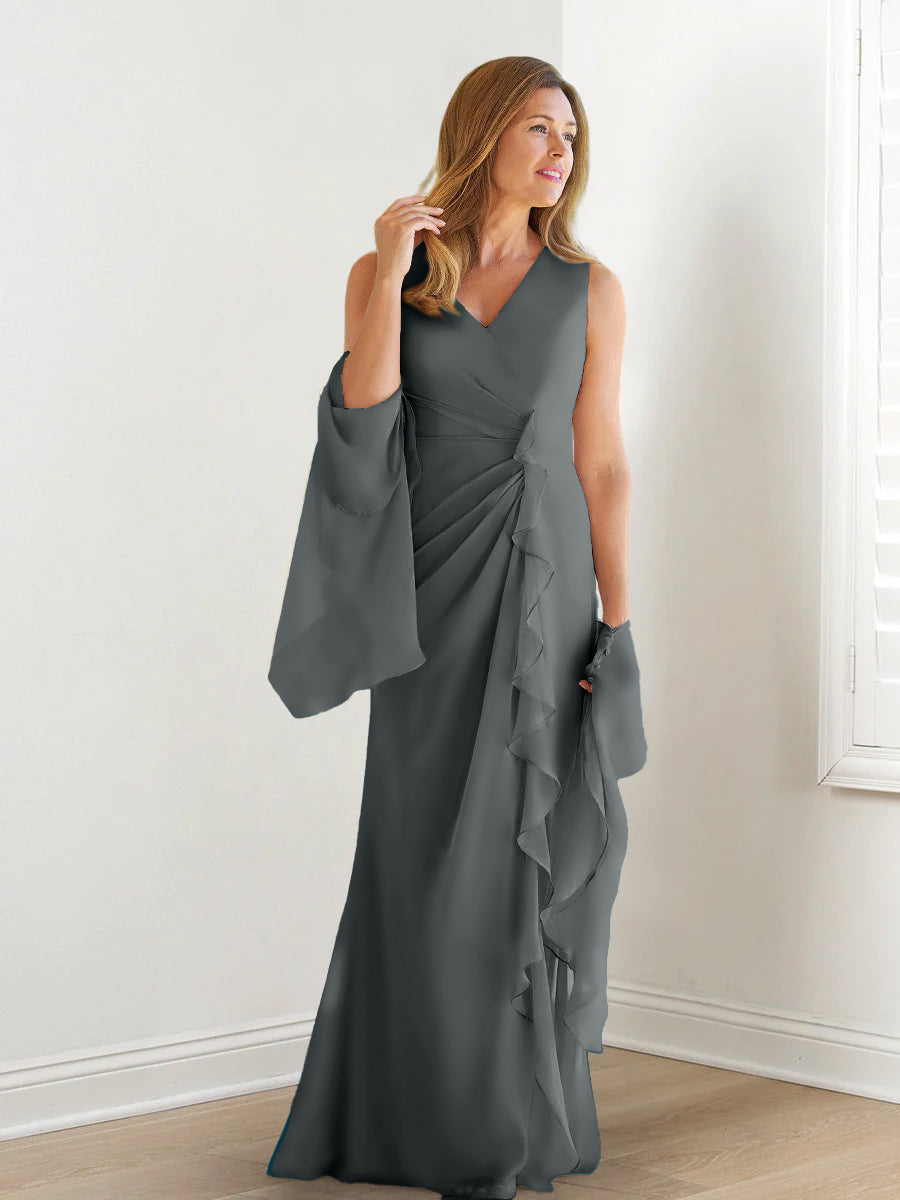 Elegant Sleeveless V Neck Floor Length Mother Of The Bride Gown With Ruffles