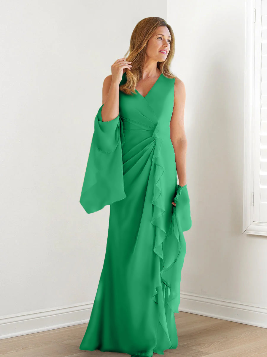 Elegant Sleeveless V Neck Floor Length Mother Of The Bride Gown With Ruffles