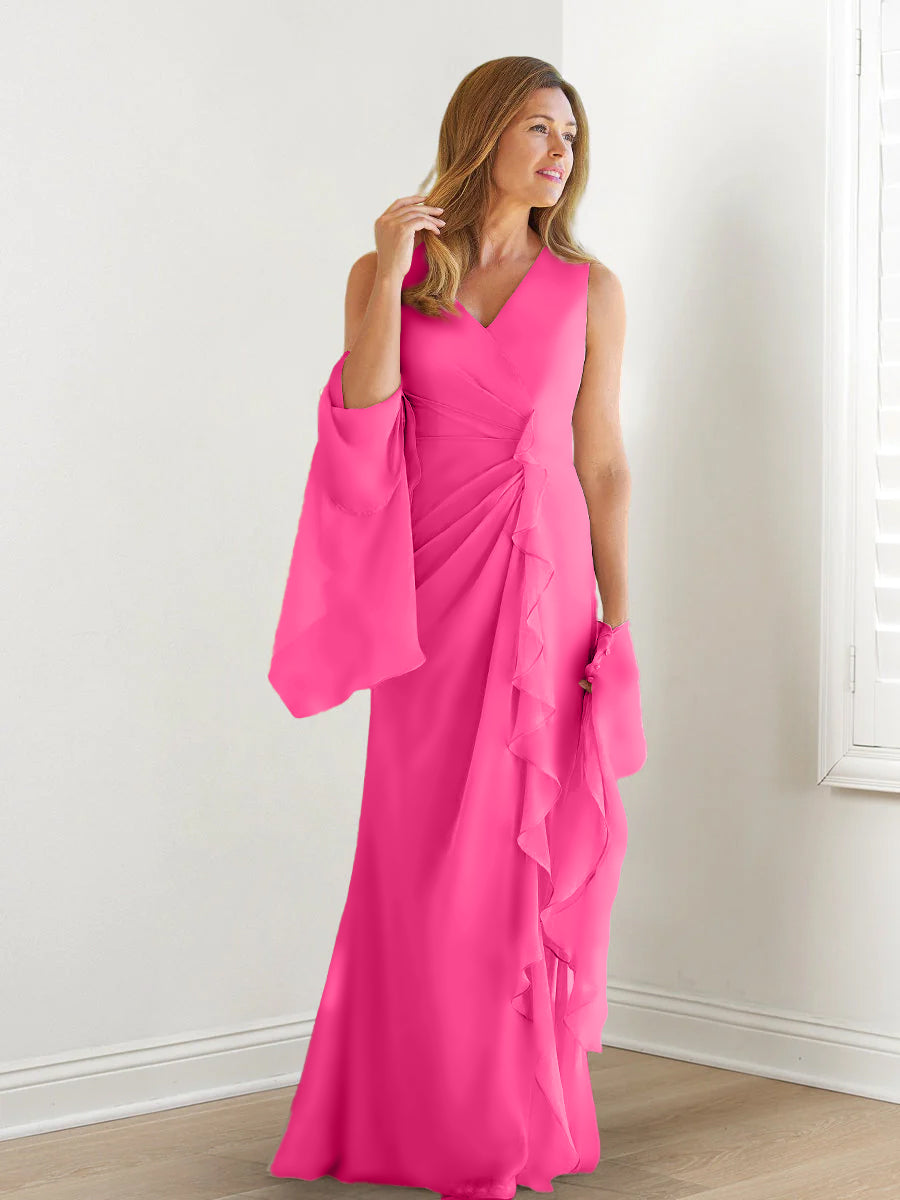 Elegant Sleeveless V Neck Floor Length Mother Of The Bride Gown With Ruffles