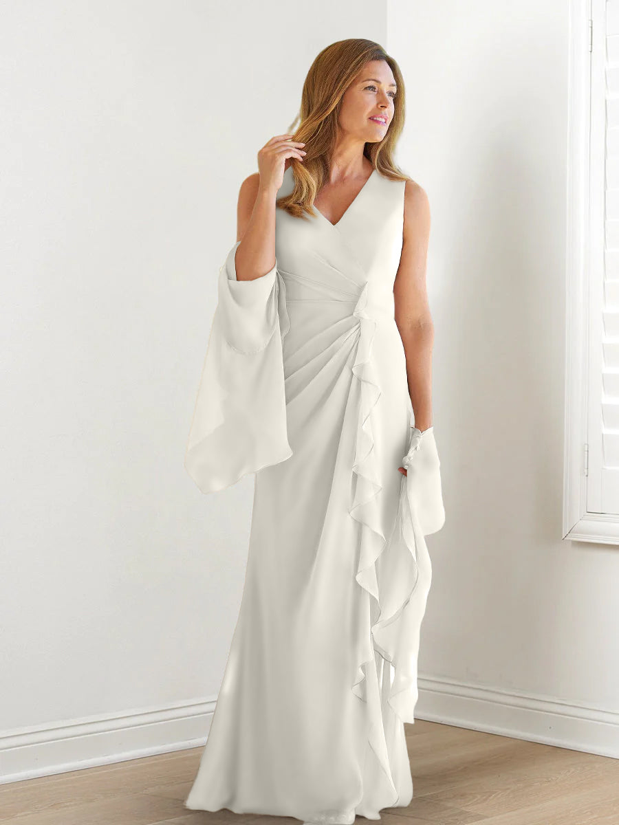 Elegant Sleeveless V Neck Floor Length Mother Of The Bride Gown With Ruffles