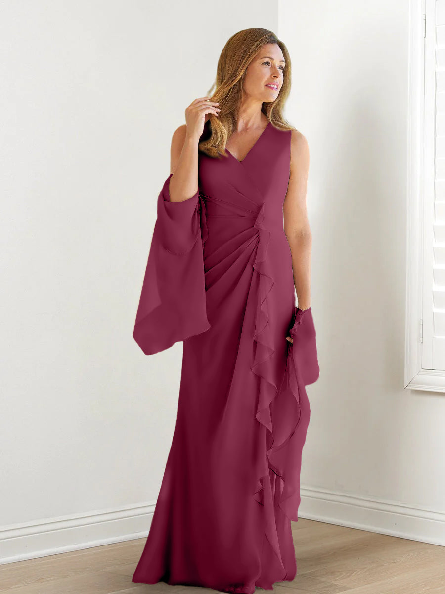 Elegant Sleeveless V Neck Floor Length Mother Of The Bride Gown With Ruffles