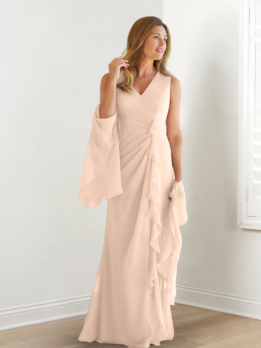 Elegant Sleeveless V Neck Floor Length Mother Of The Bride Gown With Ruffles