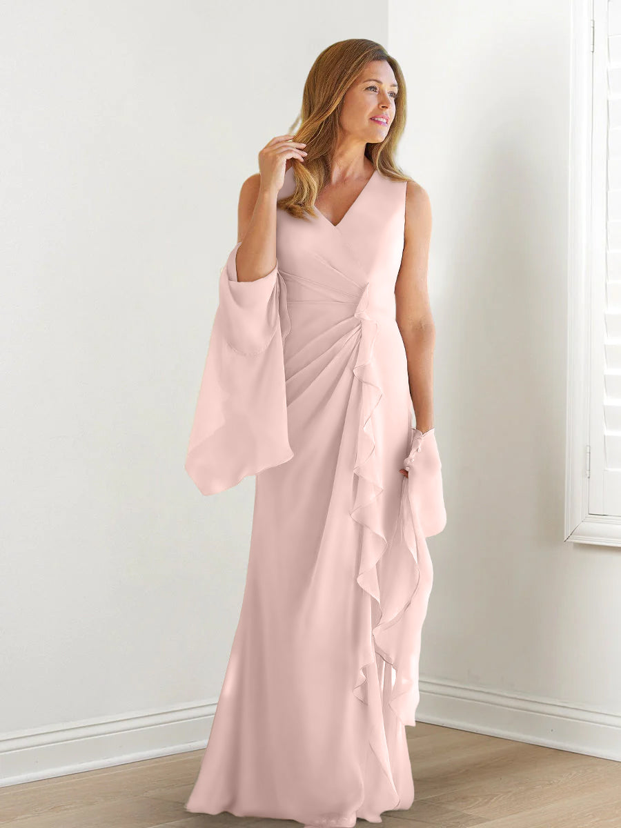 Elegant Sleeveless V Neck Floor Length Mother Of The Bride Gown With Ruffles