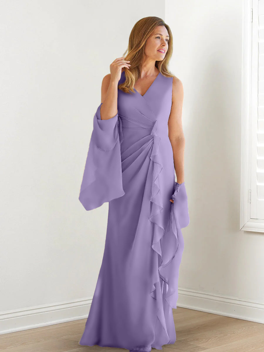 Elegant Sleeveless V Neck Floor Length Mother Of The Bride Gown With Ruffles