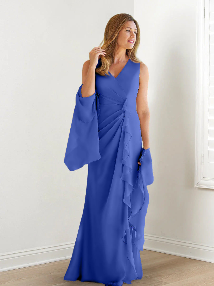 Elegant Sleeveless V Neck Floor Length Mother Of The Bride Gown With Ruffles