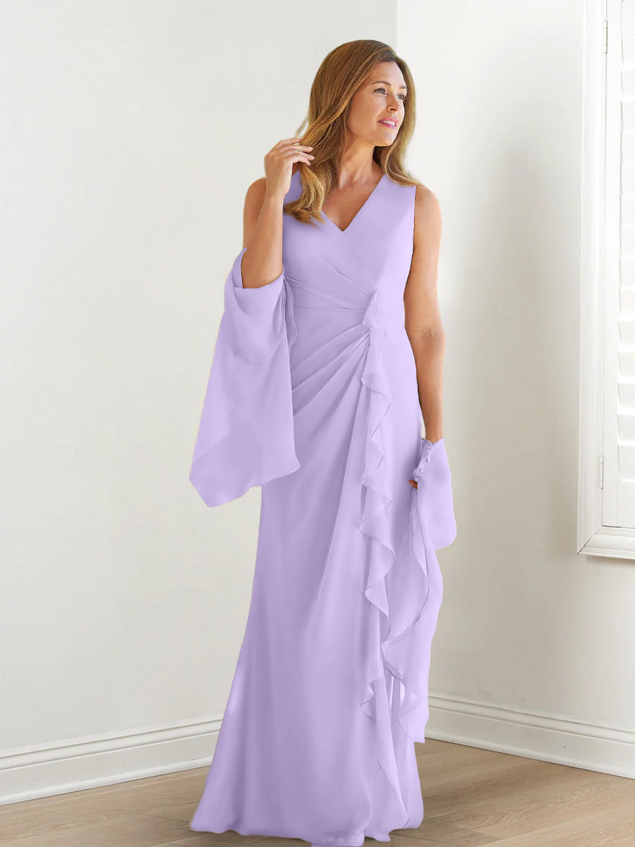 Elegant Sleeveless V Neck Floor Length Mother Of The Bride Gown With Ruffles