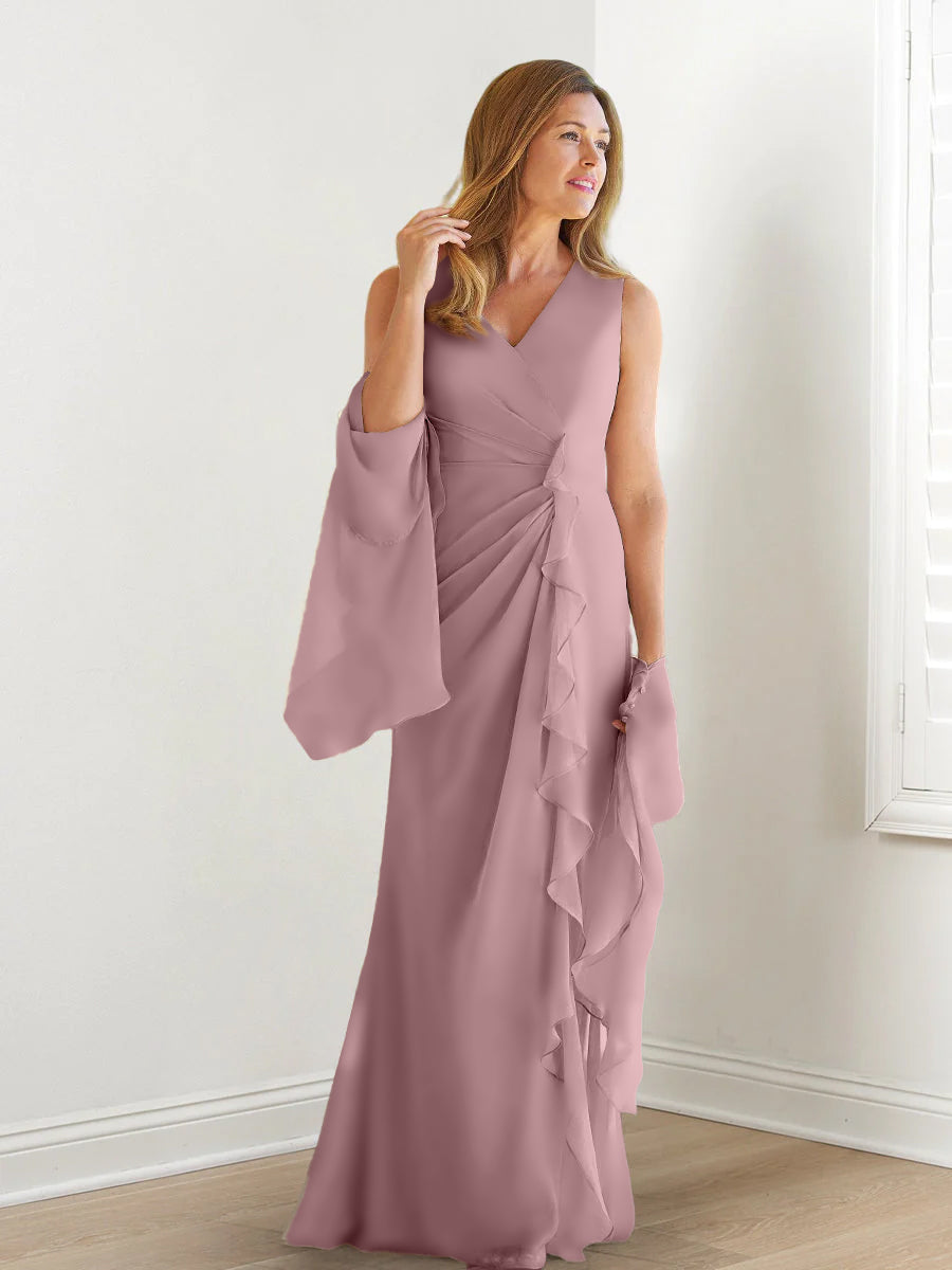 Elegant Sleeveless V Neck Floor Length Mother Of The Bride Gown With Ruffles
