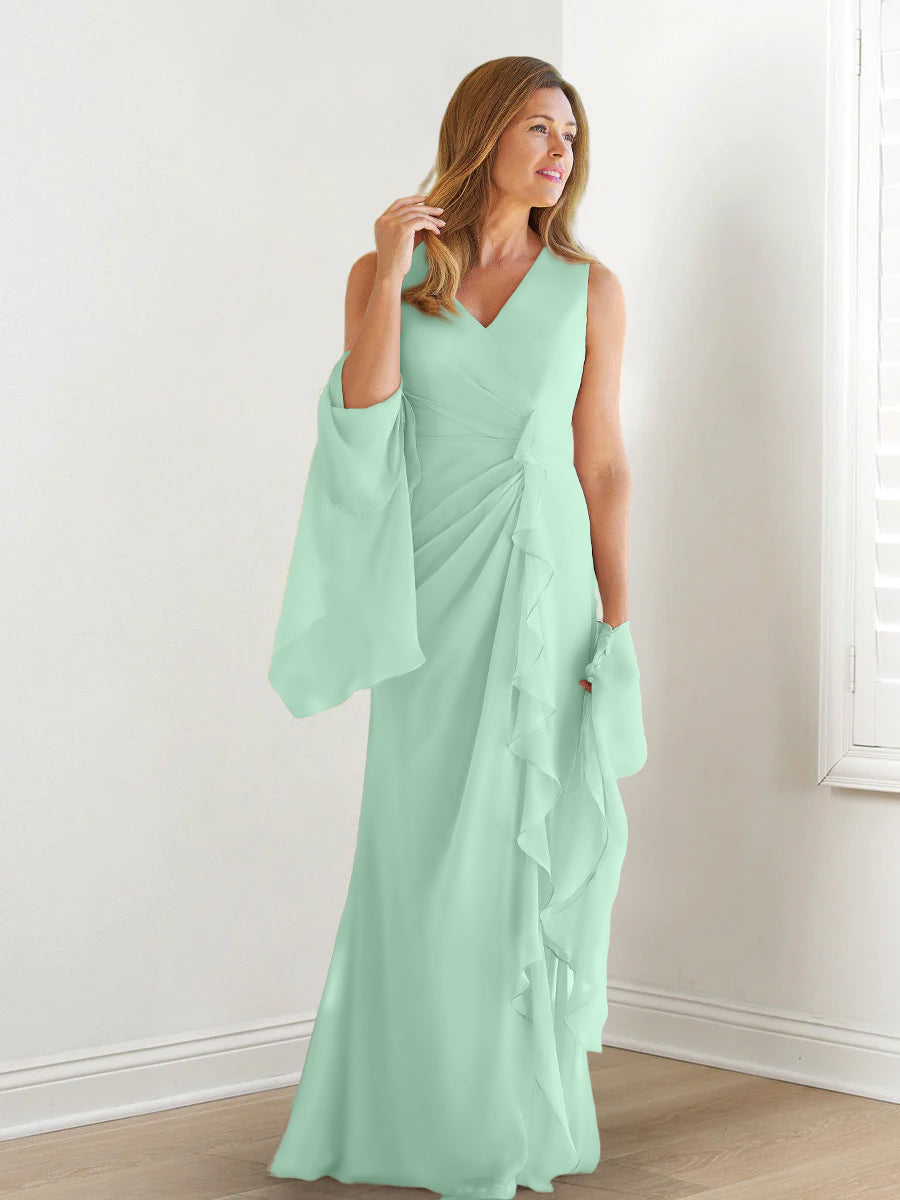 Elegant Sleeveless V Neck Floor Length Mother Of The Bride Gown With Ruffles
