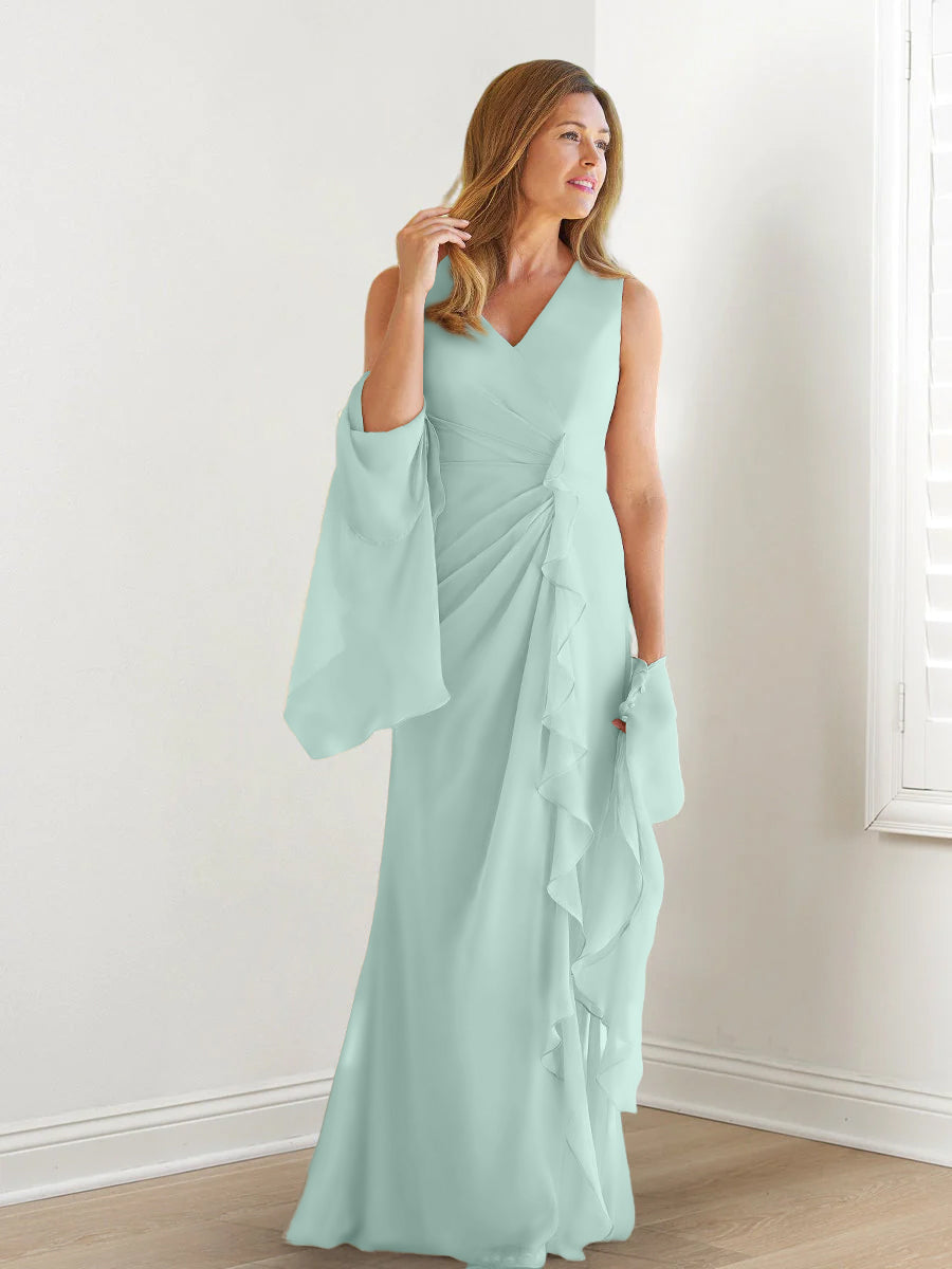Elegant Sleeveless V Neck Floor Length Mother Of The Bride Gown With Ruffles