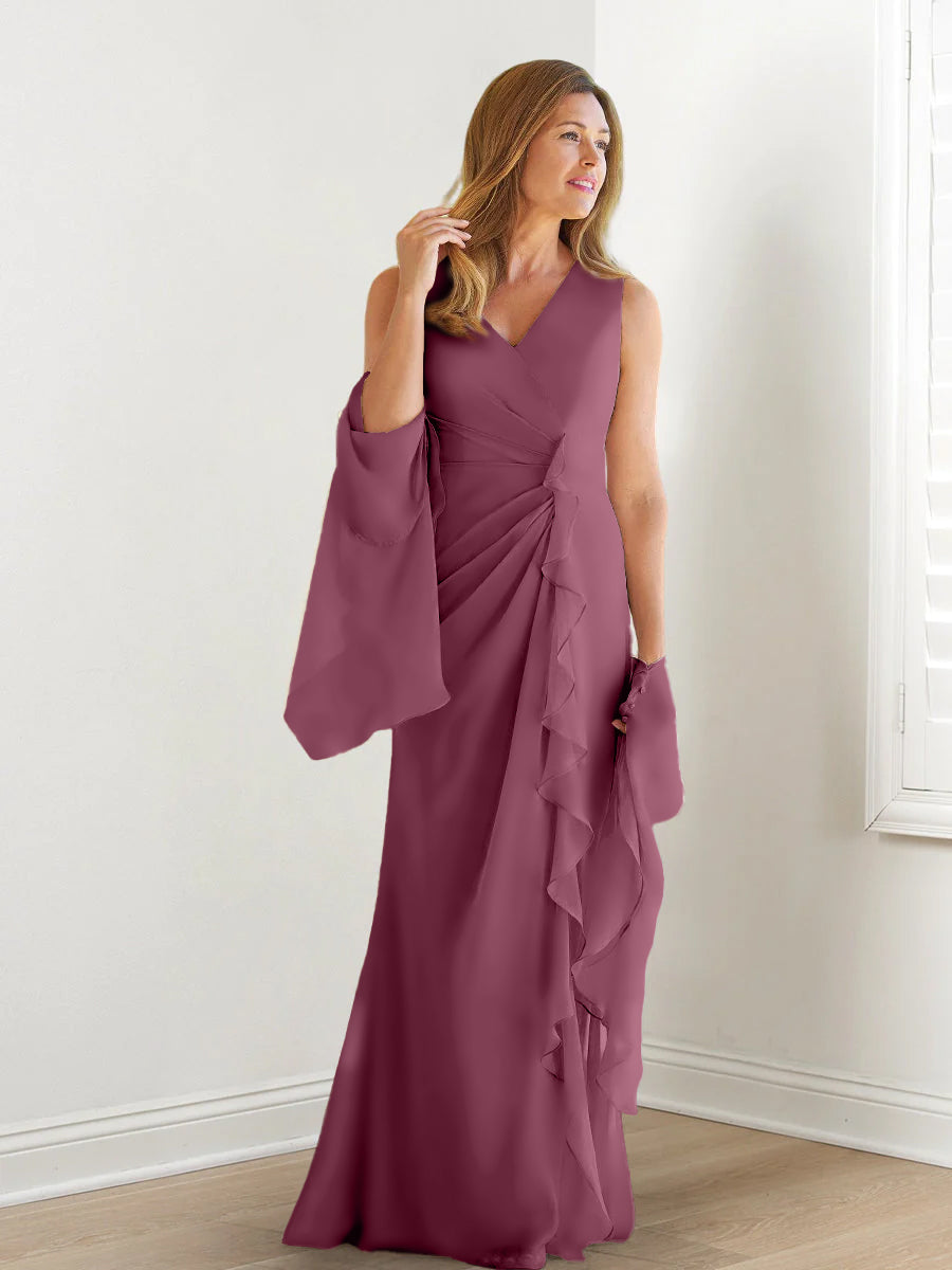 Elegant Sleeveless V Neck Floor Length Mother Of The Bride Gown With Ruffles