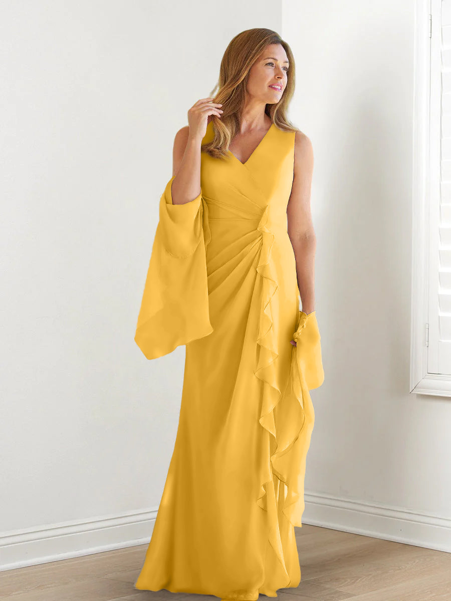 Elegant Sleeveless V Neck Floor Length Mother Of The Bride Gown With Ruffles