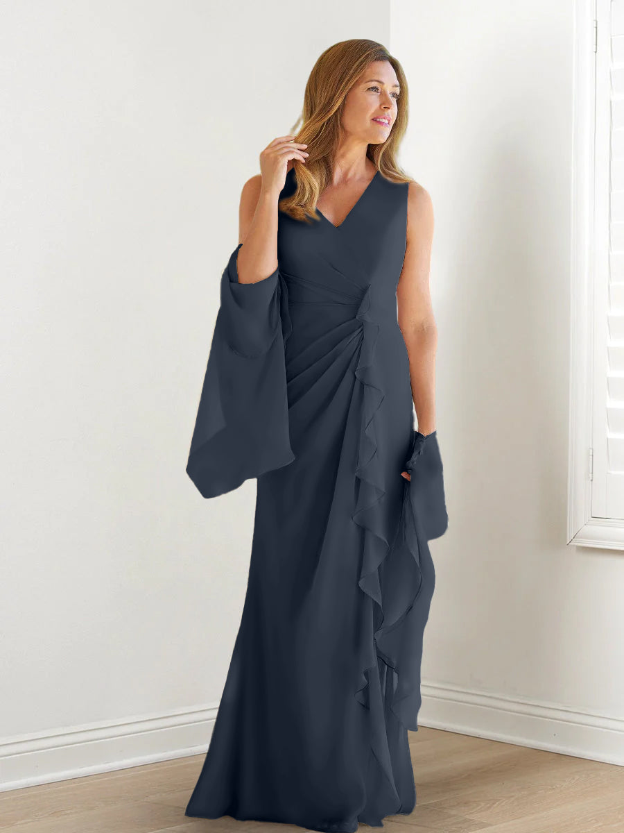 Elegant Sleeveless V Neck Floor Length Mother Of The Bride Gown With Ruffles
