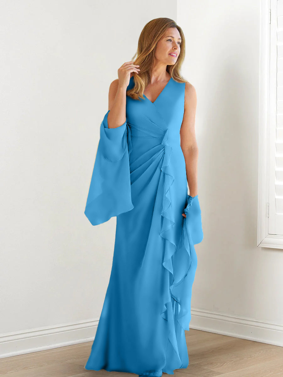 Elegant Sleeveless V Neck Floor Length Mother Of The Bride Gown With Ruffles