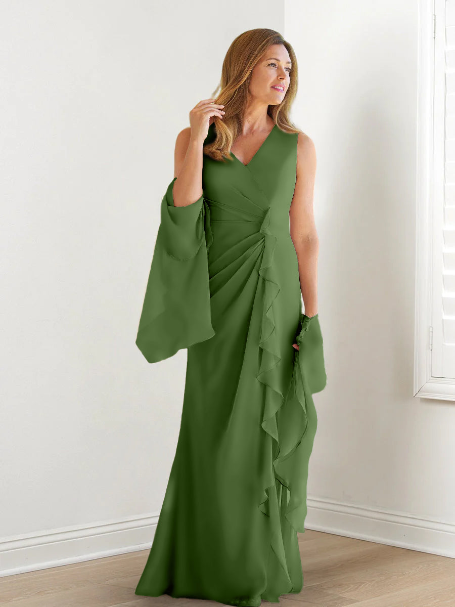 Elegant Sleeveless V Neck Floor Length Mother Of The Bride Gown With Ruffles