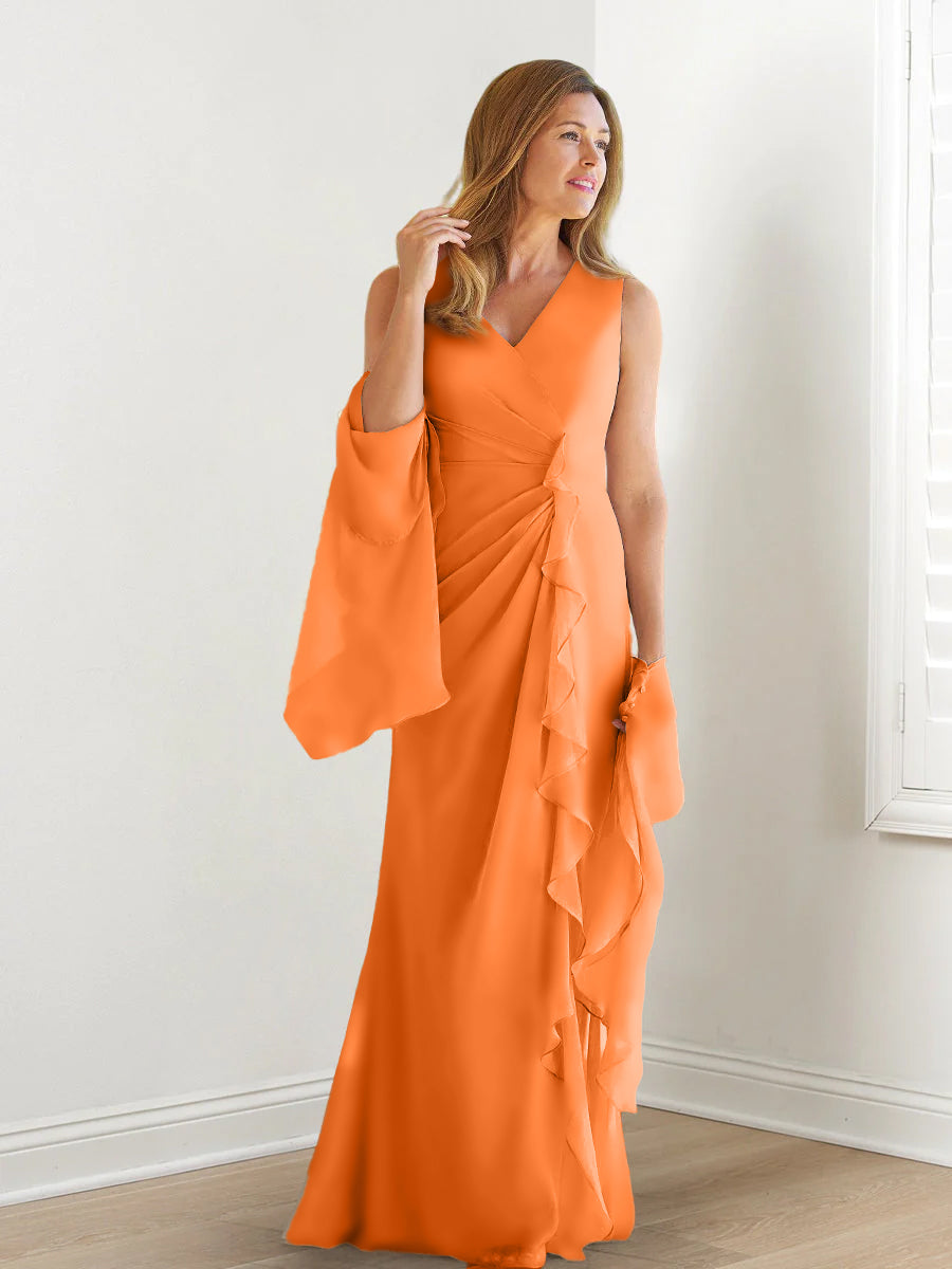 Elegant Sleeveless V Neck Floor Length Mother Of The Bride Gown With Ruffles