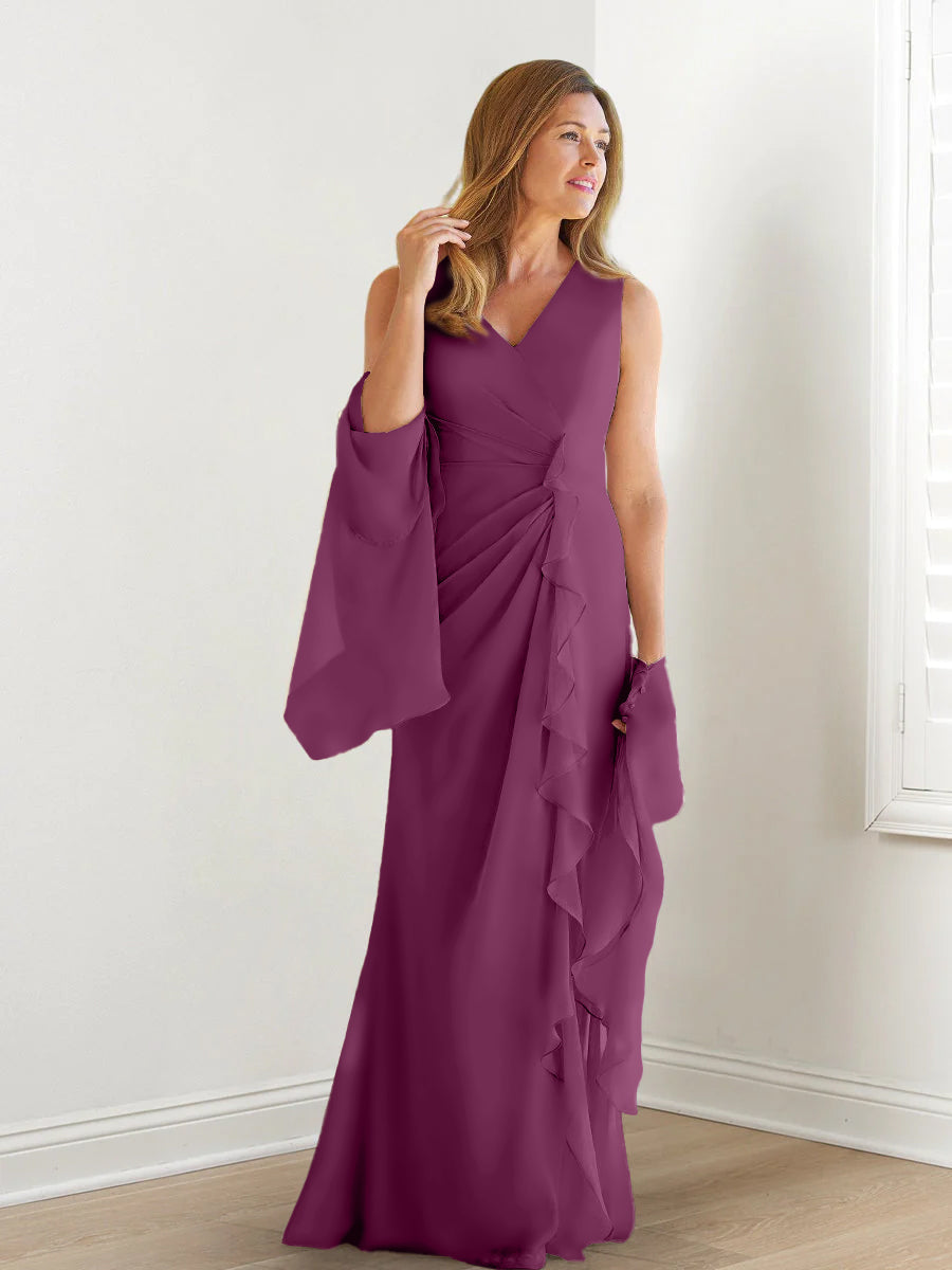 Elegant Sleeveless V Neck Floor Length Mother Of The Bride Gown With Ruffles