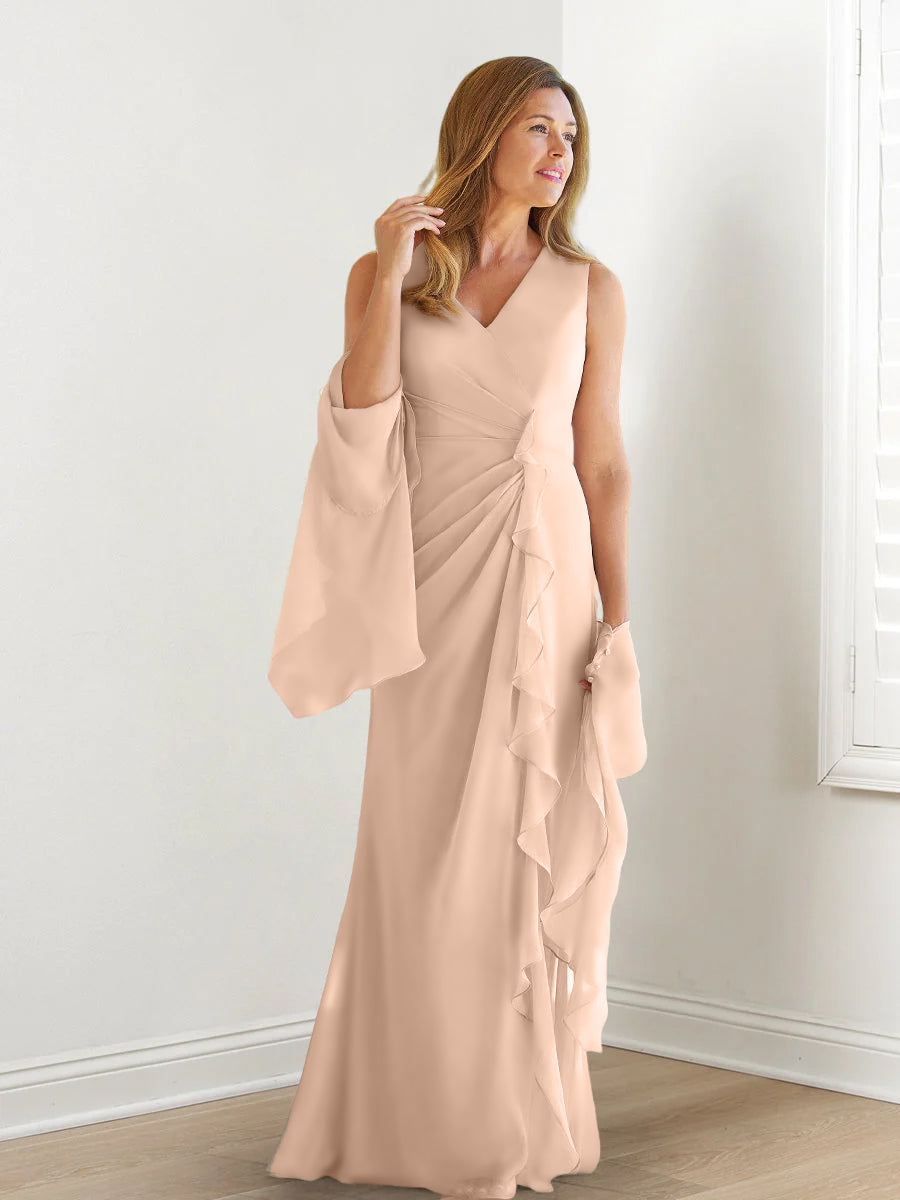 Elegant Sleeveless V Neck Floor Length Mother Of The Bride Gown With Ruffles