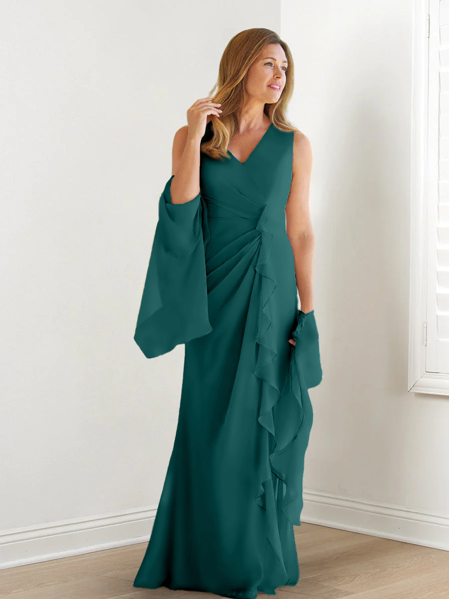 Elegant Sleeveless V Neck Floor Length Mother Of The Bride Gown With Ruffles