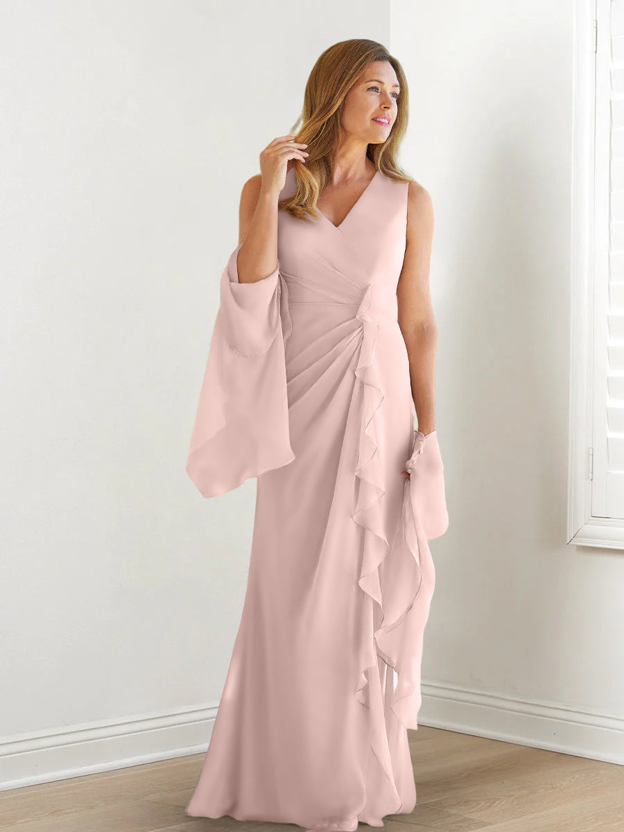 Elegant Sleeveless V Neck Floor Length Mother Of The Bride Gown With Ruffles