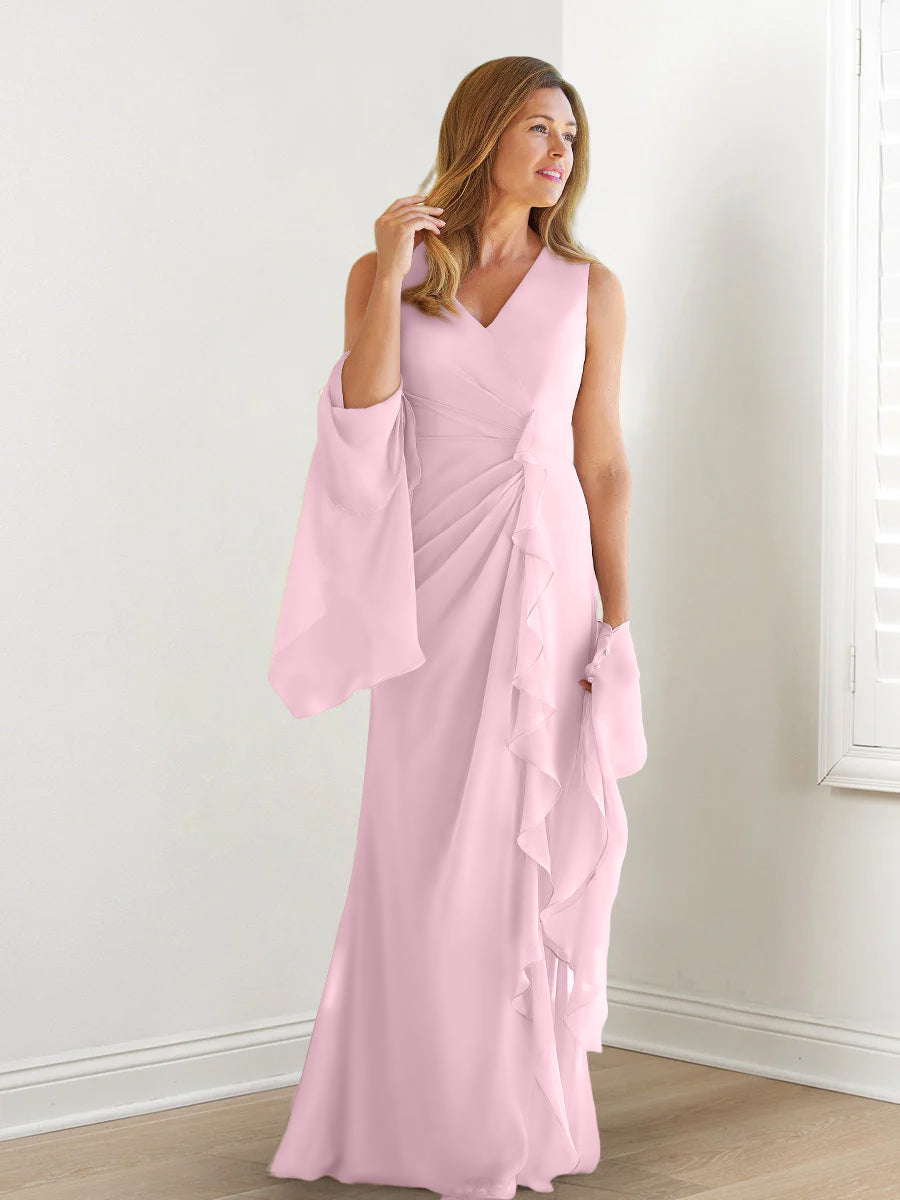 Elegant Sleeveless V Neck Floor Length Mother Of The Bride Gown With Ruffles