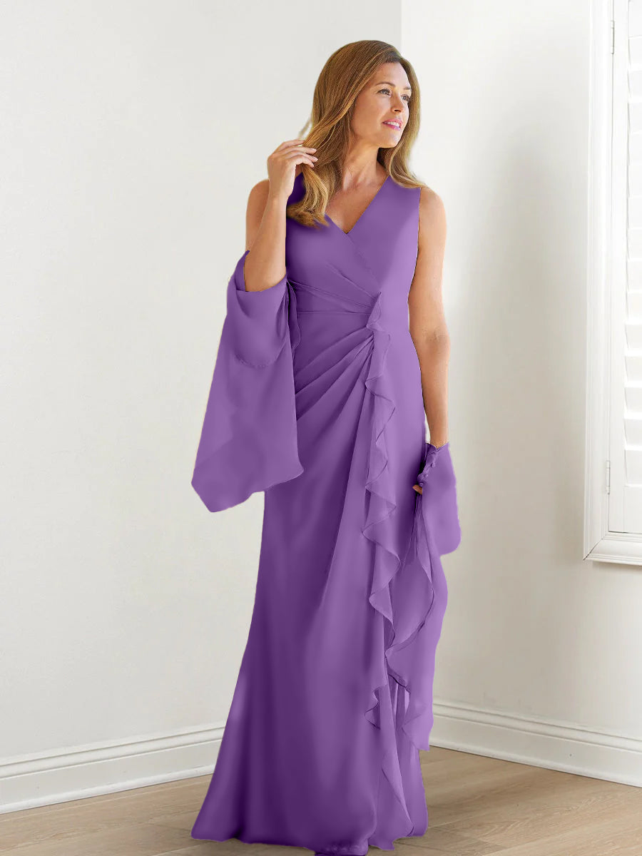 Elegant Sleeveless V Neck Floor Length Mother Of The Bride Gown With Ruffles
