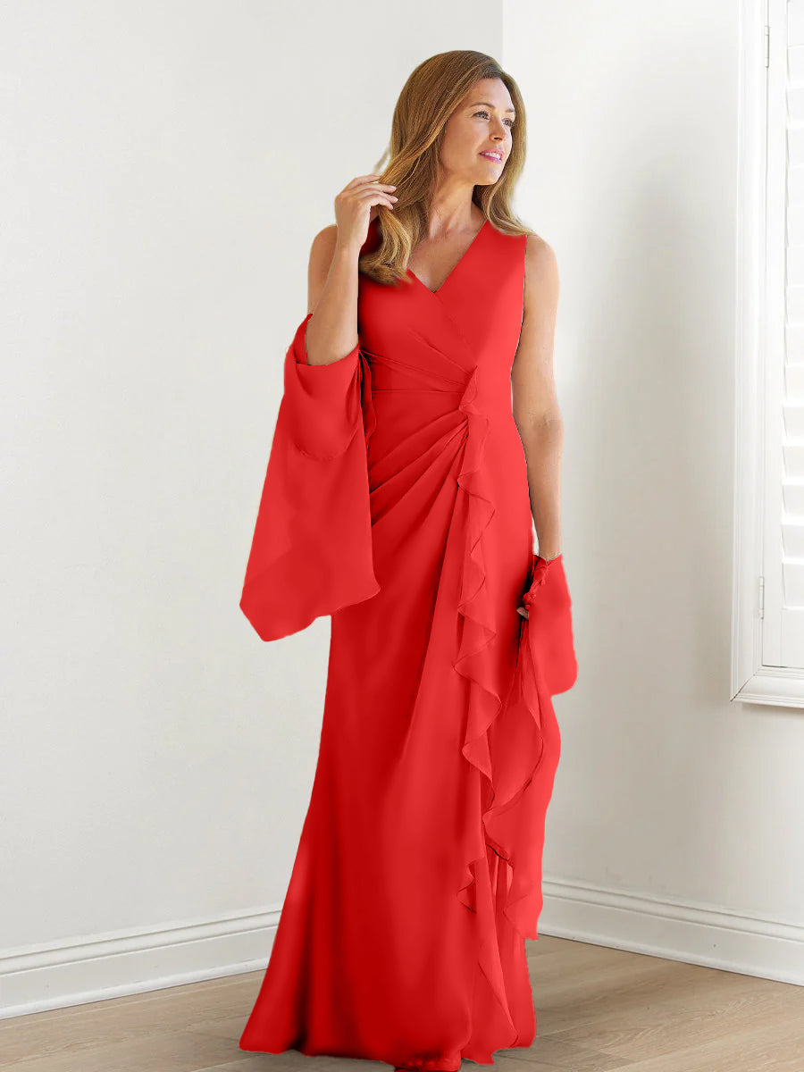 Elegant Sleeveless V Neck Floor Length Mother Of The Bride Gown With Ruffles